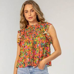 Lavender Brown Chelsea Top Red Floral Multi M NWT Flutter Sleeve Boho Luxe Chic